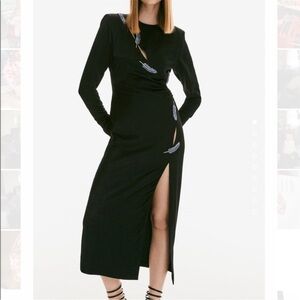 ZARA Black Satin Blue Rhinestone Leaf Long Sleeve Blogger Fav Holiday Dress XS